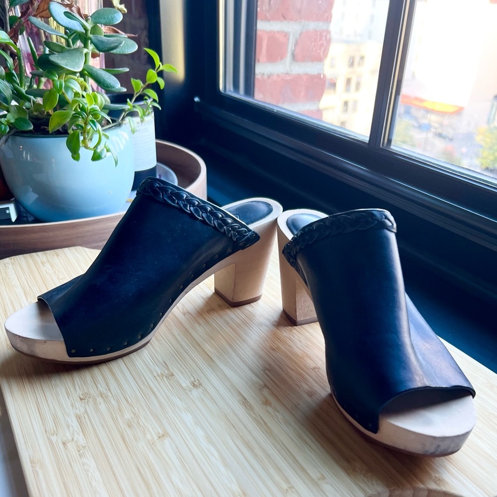 Joie ~ Wood Block Heel Black Leather Slides ~ 36.5